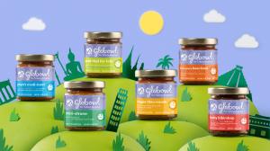 Globowl glass jar baby food meals displayed outdoors, internationally-inspired baby and toddler food in glass jars free from plastic packaging and microplastics.