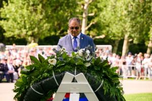 American Battle Monuments Commission Chairman Michael X. Garrett stands for a moment in silence after placing the ABMC wreath at Netherlands American Cemetery May 24, 2026, during the Memorial Day ceremony. (ABMC/Jonathan Vos)
