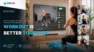 Woman exercising at home in front of a large TV showing a Step.co live workout session, with other participants visible on screen and text promoting Live Studio and working out together.