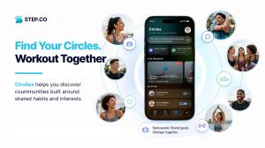 Step.co Circles screen shown on a phone, surrounded by people connected in a social network graphic to represent shared fitness communities, live sessions, and working out together.