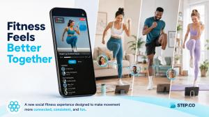 Group fitness graphic showing people working out from home with a Step.co app screen in the center, illustrating live social workouts, shared movement, and connected fitness.