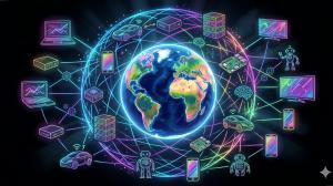 Glowing digital illustration of Earth surrounded by interconnected neon icons