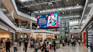 Fine-pitch indoor Blue Flame Series LED display installed inside a modern shopping mall for commercial advertising and digital brand communication.