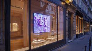 Commercial LED window display installed in a retail storefront using Blue Flame Series digital signage system for brand promotion and customer engagement.
