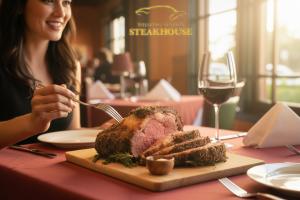 Prime rib plated at Whaling Station Steakhouse in Monterey featuring American Wagyu beef from Snake River Farms.