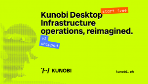 Promotional graphic for Kunobi Desktop v1 featuring the slogan “Infrastructure operations, reimagined” on a bright green background.