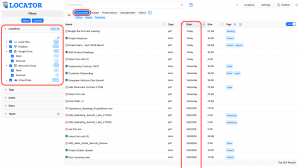 Locator SmartLists view displaying recent documents from multiple connected locations including Local Files, Dropbox, Google Drive, Microsoft Cloud, and iCloud, with the Documents filter active.
