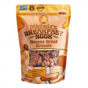 An 11 oz pouch of Michele's Breakfast Nook Banana Bread Granola