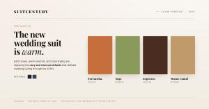 Color palette comparison from SuitCentury's 2026 Wedding Suit Trends Report. Left side shows the retiring 2010s navy and charcoal defaults. Right side shows the new 2026 wedding palette of warm earth tones - terracotta (#C66E3C), sage (#8A9A5B), espresso