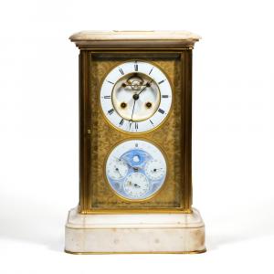 Achille Brocot (French, 1817-1878) perpetual calendar shelf clock, featuring a gilt brass and glass-paneled case set between a stepped alabaster base and top. Estimate: $3,000-$5,000