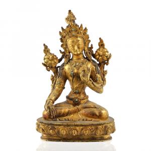This visually arresting 18th or 19th century Sino-Tibetan gilt bronze sculpture of a bodhisattva, titled Green Tara, 8 ½ inches tall, with turquoise and stone insets, should bring $2,000-$4,000