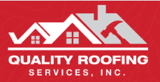 A solid white logo on a red background, featuring stylized residential roof gables with a window, a chimney, and an overlapping hammer. A horizontal line separates the graphic from the text 'QUALITY ROOFING' above 'SERVICES, INC.'