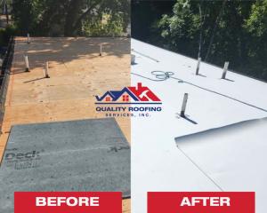 Split-screen image showing a roof replacement project. The 'Before' side shows exposed wood decking and roof board; the 'After' side shows the completed white membrane roof installation. The company logo is centered.