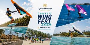 Collage showcasing Cabarete Wing Fest 2026 in the Dominican Republic, featuring international watersports athletes, ocean lifestyle experiences, Caribbean scenery, and Lifestyle Holidays Vacation Club hospitality.