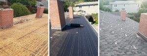 A three-part infographic showing: 1) Plywood roof decking with chimneys, 2) Installation of black roof underlayment, and 3) Completed grey asphalt shingle roof.