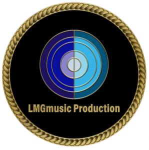 Official LMG Music Production logo with circular blue audio design and gold border.
