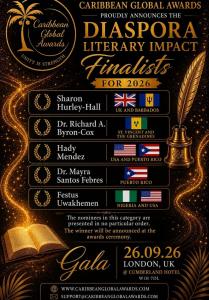 Promotional graphic from the Caribbean Global Awards announcing the 2026 finalists in the Diaspora Literary Impact category. The design features a black and gold luxury awards aesthetic with sparkling accents, a fountain pen illustration, and the Caribbea