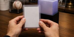 Hand holding Toploader with a blank card