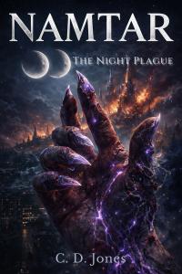 Book cover for NAMTAR: The Night Plague showing a glowing clawed hand rising over a burning city beneath twin moons in a dark speculative thriller setting.
