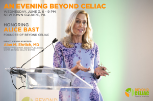 An invite to Evening Beyond Celiac 2026 and a photo of Alice Bast speaking.
