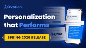 Ovation Spring 2026 Release announcement graphic featuring the headline "Personalization that Performs" on a dark blue background. UI screenshots show a brand voice AI configuration panel and a mobile conversation where a guest complaint about a cold pizz