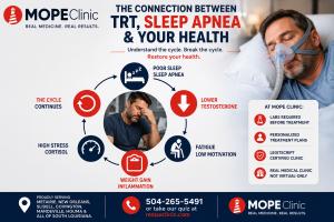 TRT sleep apnea infographic from MOPE Clinic showing the cycle between poor sleep, low testosterone, fatigue, stress, and weight gain in Louisiana men