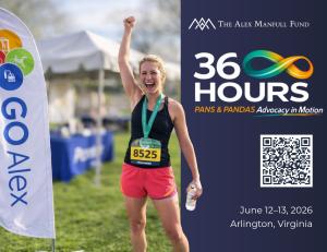 On left, Alex Manfull stands triumphant at the conclusion of a race. Text on the right provides details on a gathering outside Washington, DC, to fight the disorders of PANS and PANDAS.