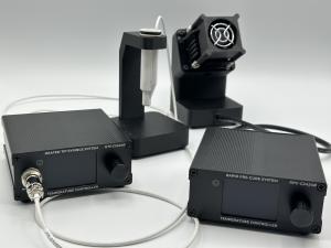 Croxel HTS Heated Tip Syringe System and RPC Rapid PreCure System shown together on a white background, including controllers, smart holder, and syringe heater/cooler unit.