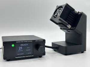 Croxel RPC Rapid PreCure System powered on, with controller display showing recipe phase and syringe heater/cooler unit ready.