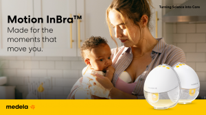 Medela Motion InBra wearable breast pump Australia, in-bra hands-free breast pump worn while holding baby, with product units and branding display