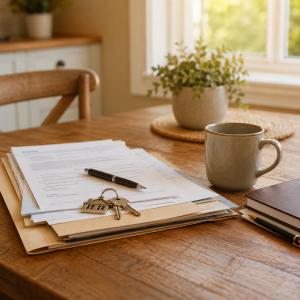 Warm morning kitchen table scene with organized estate and real estate paperwork, house keys, a pen, folders, and a coffee mug near a sunlit window. Calm, professional atmosphere with soft natural lighting and no people visible.