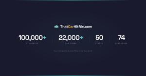 ThatCarHitMe.com stat card showing 100,000 plus attorneys, 22,000 plus law firms, 50 states, and 74 languages on a dark background with the ThatCarHitMe.com logo.