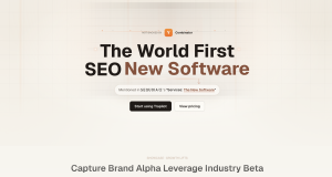 Homepage hero section for Trapilot SEO software with large headline text reading “The World First SEO New Software,” a note referencing Sequoia, and two buttons labeled “Start using Trapilot” and “View pricing” on a soft beige grid-pattern backg