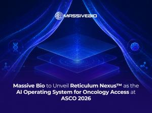 Promotional graphic for Massive Bio featuring a glowing blue layered platform with AI and biotech icons, announcing the unveiling of Reticulum Nexus™ as the AI Operating System for Oncology Access at ASCO 2026.