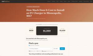 NailThePrice cost estimation page for EV charger installation in Minneapolis, MN showing the Thumbtack Find a Pro widget with local contractor search
