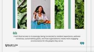 Woman enjoying a fresh salad surrounded by leafy greens and microgreens representing Babylon Micro-farms' focus on wellness and on-site fresh food access