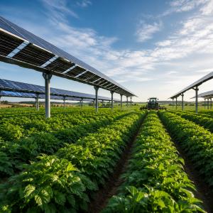 Agrivoltaic farm with elevated solar panels above green crop rows, showing farmland producing both clean energy and crops.