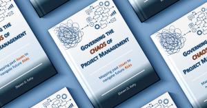 Multiple angled copies of the book Governing the Chaos of Project Management by Steven D. Kelly arranged on a blue background, featuring a white cover with blue and orange typography, workflow diagrams, and an abstract tangled-line illustration symbolizin