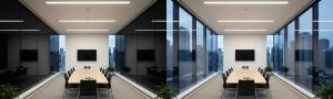 Dyed Dark Smart Glass Shown in Opaque and Clear State in a Downtown Meeting Room