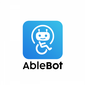 Blue background with ablebot robot using a wheelchair