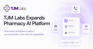 Clean branded announcement graphic for TJM Labs featuring the headline “TJM Labs Expands Pharmacy AI Platform” with the subhead “Pharmesol strengthens patient communication and voice AI capabilities.” The design includes soft lavender accents, premium hea