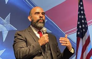 Daniel Mercuri speaking at a campaign event for his 2026 California governor campaign.