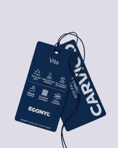CARVICO ECONYL Fabric label with benefits - chlorine resistant, muscle control, recycled, sun cream oil resistant, pilling resistan, excellent coverage.