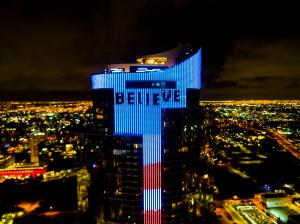 100-Yard Tall "Believe" Lyric from Pitbull Anthem "Believe That We Will Win" Global Anthem Appears on Massive LED Animation Display at Paramount Miami Worldcenter Tower (Bryan Glazer | World Satellite Television News)