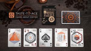 Taste-to-Ace, a coffee education playing card deck, displayed with its tuck box, card back, and sample infographic cards about altitude, grind size, latte art, cupping, and flavor.