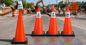Four orange traffic cones at a construction site fitted with custom branded collar sleeves showing company logos, with a worker placing an additional sleeve on a cone.