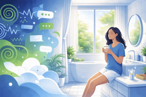 Bright illustration of a person relaxing in a sunlit bathroom while abstract icons and shapes representing notifications, noise, and digital stress fade into a calm home environment.