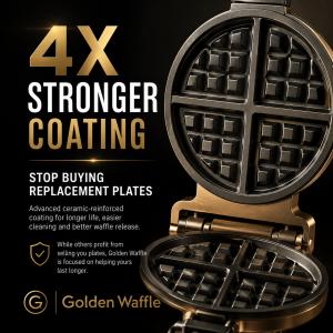 Golden Waffle 4x stronger ceramic-reinforced waffle plate coating for commercial waffle machines used in hotels, cafés and hospitality businesses.