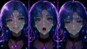 A three-panel image showcasing a 3D anime character reflecting happy, surprised, and sad expressions with tracking nodes