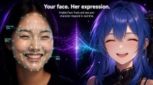 Side by side comparison of a real person smiling and a Neural4D 3D anime character mirroring the exact expression in real time